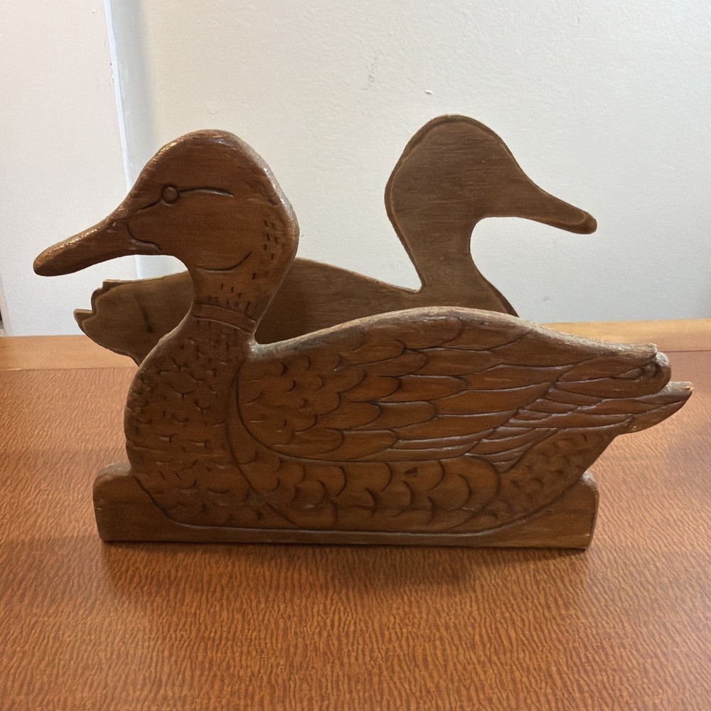 Vintage Hand Carved Wooden Duck Napkin Letter Mail Holder Farmhouse Rustic Cabin